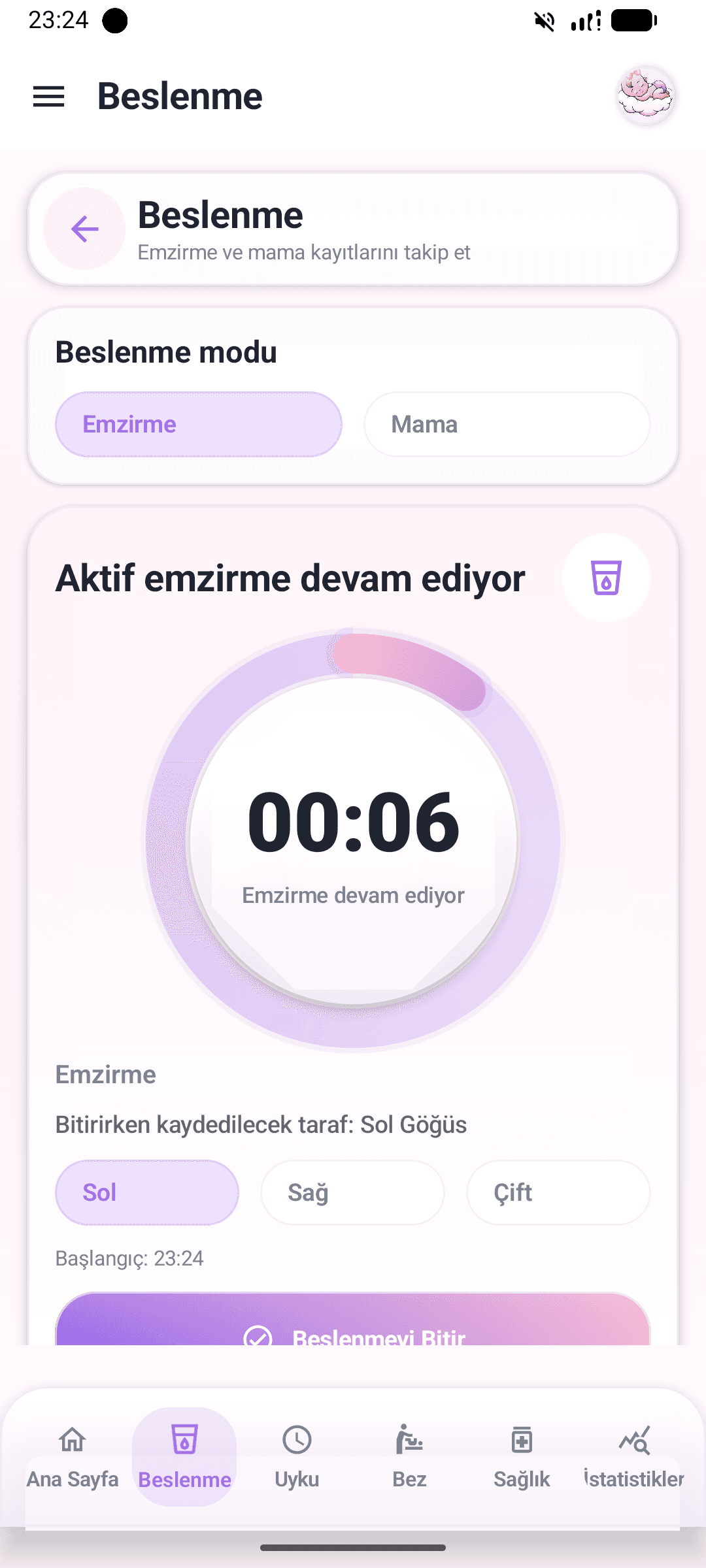 BeTik aktif beslenme ekranı